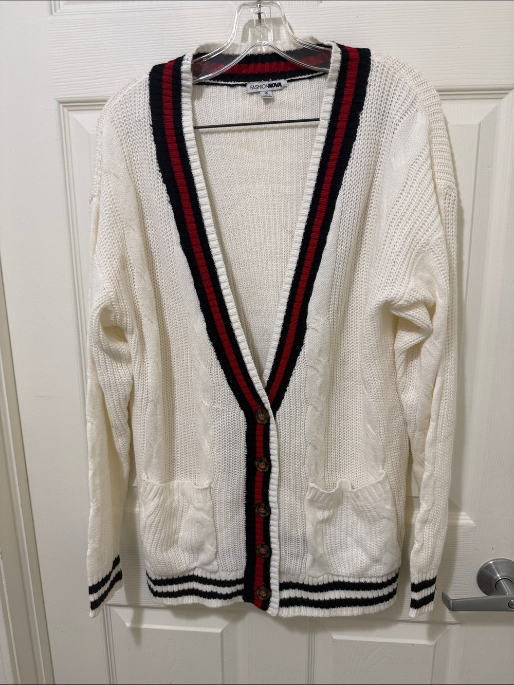 Fashion Nova Cream Cable Knit Cardigan with Red & Black Stripes.